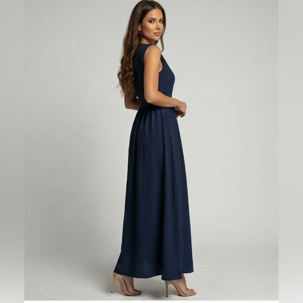 Gathered-Waist A-Line Maxi Dress With Pockets Blue - Picture 4 of 7